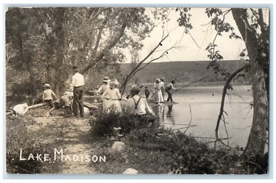 #ad c1910#x27;s Men Women Fishing Scene Lake Madison South Dakota SD RPPC Photo Postcard