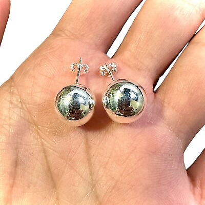 #ad 925 Sterling Silver Round Ball Stud Earrings 12MM Free Shipping