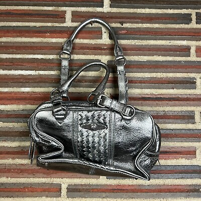 #ad Elliott Luca Silver Shoulder Bag Purse Solid Double Handle Metallic Faux Leather
