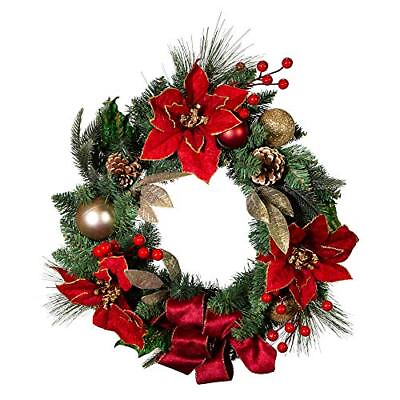 #ad Un Lit Decorated Red Poinsettia Wreath 20 Inch H4015