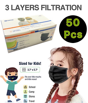 #ad 50 PCS Kids Children 3 Ply Disposable Black Face Mask Earloop Mouth Cover