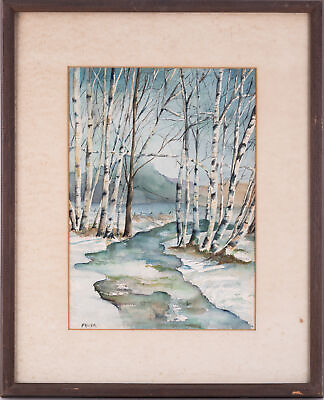 #ad Early 20th C. Impressionist Watercolor On Paper quot;Winter Streamquot;