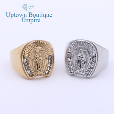 #ad Women Men#x27;s Stainless Steel Ring CZ Virgin Mary Virgen De Guadalupe Anillo*ABC