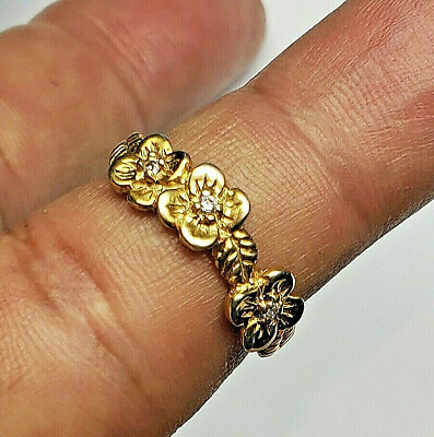 #ad 14 KT SOLID YELLOW GOLD FLOWER RING WITH LEAVES amp; DIAMONDS SIZE 5 $220.00