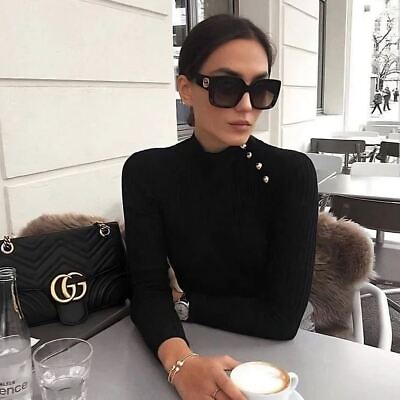 #ad New Gucci Women Sunglasses Black Oversized Square GG0141SN 001 Gray 53mm Lens
