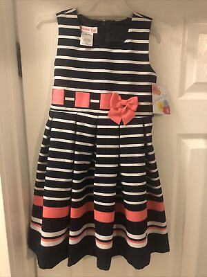 #ad New Jessica Ann Size 6 Girls Dress Navy Blue White Stripe Pink Ribbon;