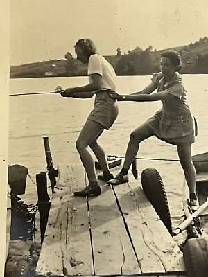 #ad Vintage Photo Port Bay New York Two Pretty Women Fishing Playful Humorous 1940