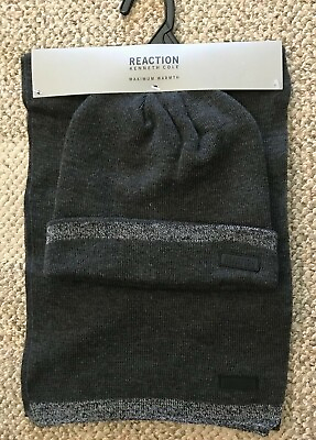 #ad Kenneth Cole Reaction Mens Maximum Warmth Scarf and Hat Set Charcoal Gray