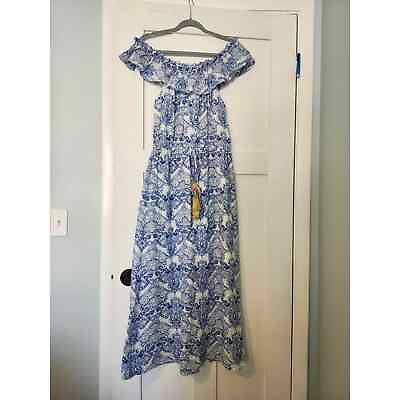 #ad MOMNI Boutique Maxi Dress Off Shoulder Size Large Blue and white Floral