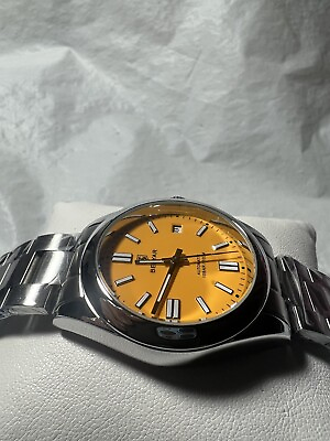 #ad benyar men watch automatic Orange face date WR100M 40 mm case stainless steel