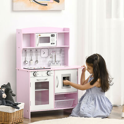 #ad Wooden Play Kitchen Kids Kitchen Playset W Water Dispenser Microwave Pink