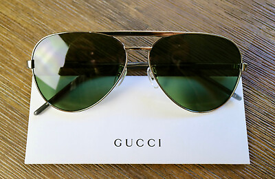 #ad Gucci GG1163S 002 Aviator Sunglasses in Silver Grey Crystal and Green Lens