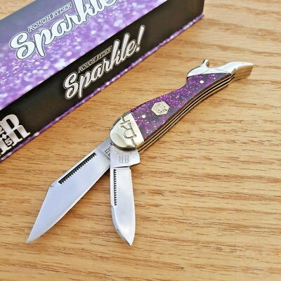 #ad Rough Ryder Sparkle Leg Pocket Knife Stainless Blades Purple Acrylic Handle