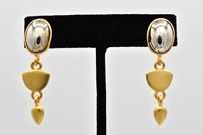 #ad Vintage Dangle Earrings Brushed Gold Silver Cabochon Metallic NOS 1980s W1