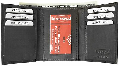 #ad Mens Trifold Black Genuine Leather RFID Blocking Wallet New with BOX by Marshal