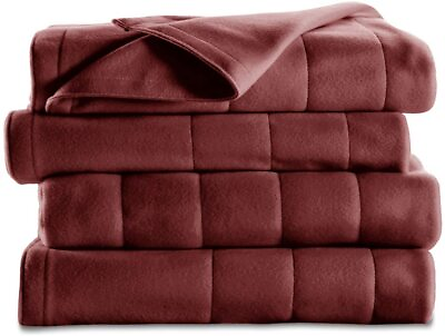 #ad Sunbeam Heated Electric Blanket Quilted Fleece Full Garnet Red