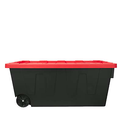 #ad 50 Gallon Snap Lid Wheeled Plastic Storage Bin Container Black with Red Lid