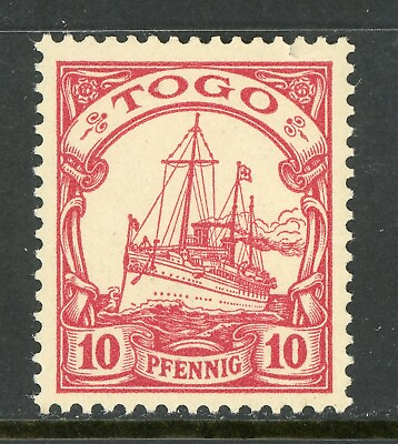 #ad Germany 1914 Togo 10pf Carmine Yacht Unwmk Scott # 9 MNH F390