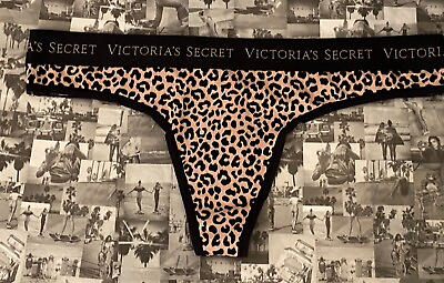 #ad NWT Victoria#x27;s Secret Logo Cotton Thong Panty Classic Cameo Mini Leopard Medium