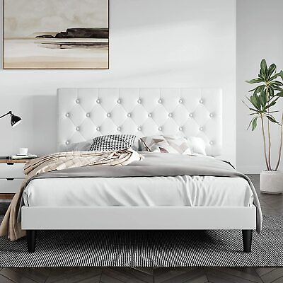 #ad Full Size Faux Leather Platform Bed Frame with Button Tufted Headboard White