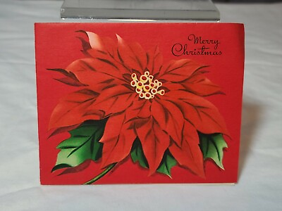 #ad Vintage Christmas Card 1940s 1950s Merry Poinsettia Flower Red Green Paper MCM
