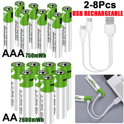 #ad Lot 1.5V 2600mWh AA AAA Battery Type C USB Rechargeable Lithium ion Batteries