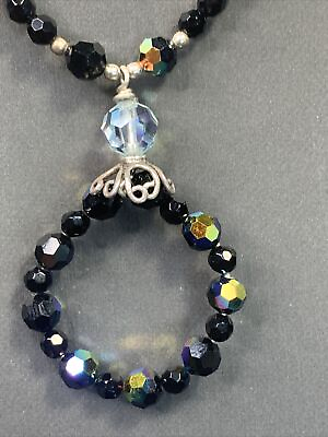 #ad Vintage Necklace Pendant Black Aurora Borealis faceted crystal 16”