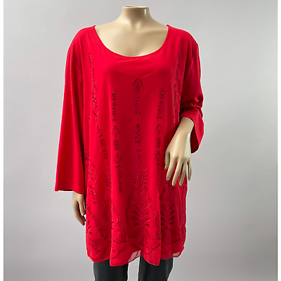 #ad Catherines Top Women 2X Red Mesh Embroidered Blouse 3 4 Sleeve Stretch Casual