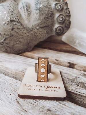#ad HANDMADE Ring Engraved Wood MOON PHASES Pendant BOHO Brass Organic Eco Friendly