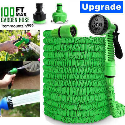 #ad 100 FT 100 Feet Expandable Flexible Outdoor Garden Water Hose w Spray Nozzle