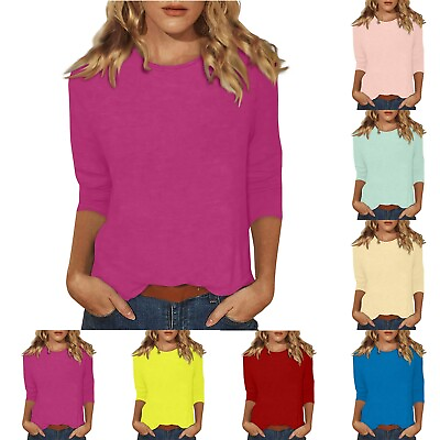 #ad Womens T Shirt Tee Casual Round Neck 3 4 Sleeve Solid Color Tops Blouse Summer