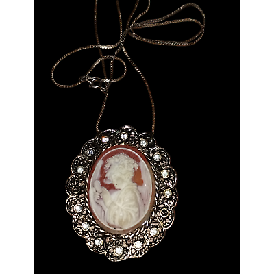 #ad Old antique left facing lady cameo necklace