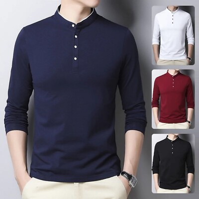 #ad Men#x27;s Fashion Long sleeved POLO Style Shirt Casual Cotton T shirt