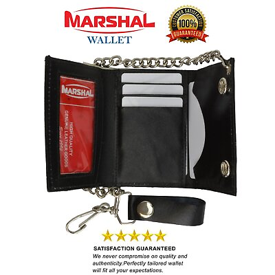 #ad Marshal Genuine Leather Men#x27;s Trifold Wallet with Chain Biker Trucker Black