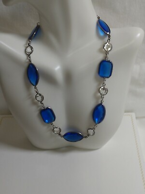 #ad Vintage Blue Art Deco Antique Paste Glass Bezel Set Open Back Choker Necklace