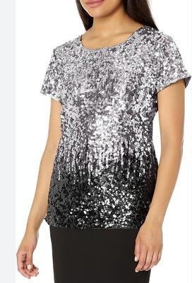 #ad Silver Black Sequin Top Manet 2X Lined Short Sleeve