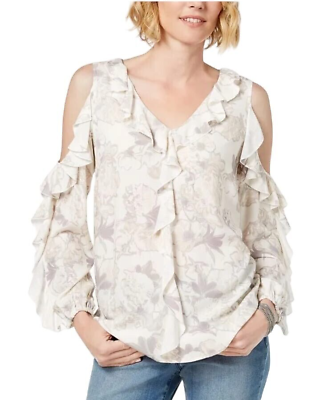 #ad NWT Love Scarlett Womens Ruffled Cold Shoulder Sleeve Blouse Top White Size PM