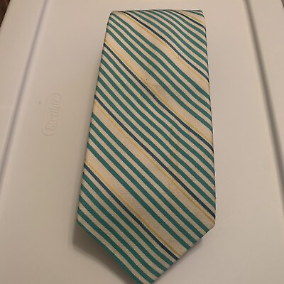 #ad Paul Stuart Blue Yellow White Green Diagonal Stripe Textured Silk Mens Neck Tie