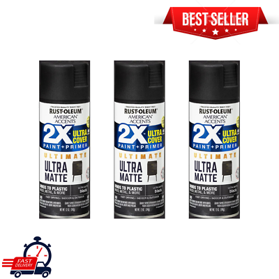 #ad PACK OF 3 Black 2X Ultra Cover Semi Gloss Spray Paint Black Spray Paint 12 Oz
