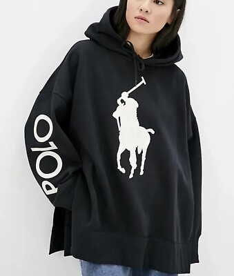 #ad Polo Ralph Lauren Women’s OVERSIZED Big Pony Logo Hoodie Black Size M L NWT $228