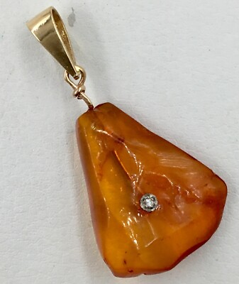 #ad 14K Yellow Gold Inlaid Diamond Amber Pendant For Necklace 1.5 Grams