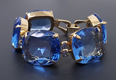 #ad Vintage Kramer Wide Blue Rhinestone Gold tone Link Bracelet 7quot;