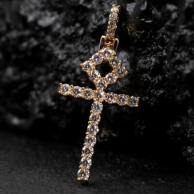 #ad Solid Yellow Gold Small 1 Ct Small Pointer Diamond Ankh Cross Pendant