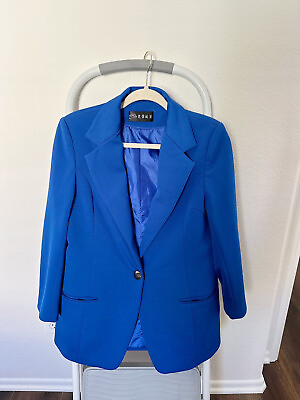 #ad Women Oversize Blue Blazer Coat Jacket Suit Free Scarf