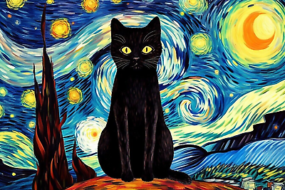 #ad Black Cat Starry Night Moon