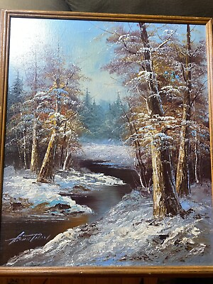 #ad Vintage quot;River Landscape In Winter Scenequot; Oil Painting Signed And Framed