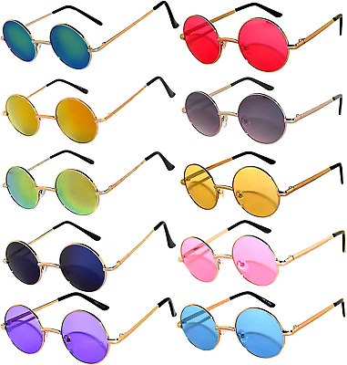 #ad 10 Pack round Retro Vintage Circle Style Sunglasses Colored Metal Frame