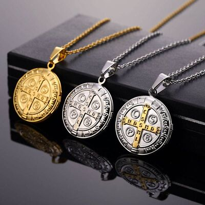 #ad Holy Cross Medal Necklace Stainless Steel Saint Benedict Necklace Unisex Jewelry
