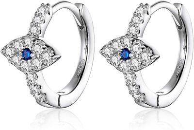 #ad Blue Crystal Evil Eye Tiny Round Hoop Earrings Sterling Silver 14k Gold Plated