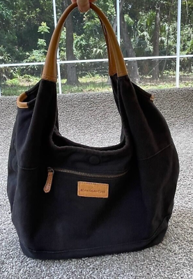#ad LL Bean Tote Handbag Size Medium Leather Handles Black Canvas Utility Bag Beach